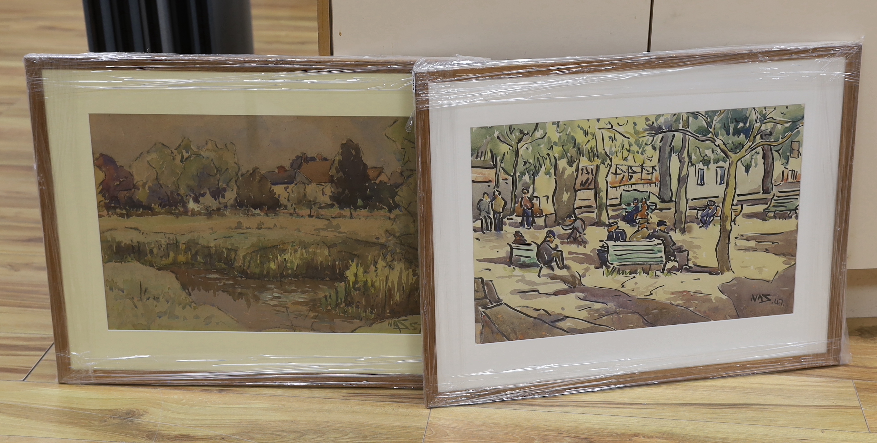 Two mid 20th century ink and watercolours, Park scene with seated figures and Rural landscape, each monogrammed NAZ, 55 x 36cm